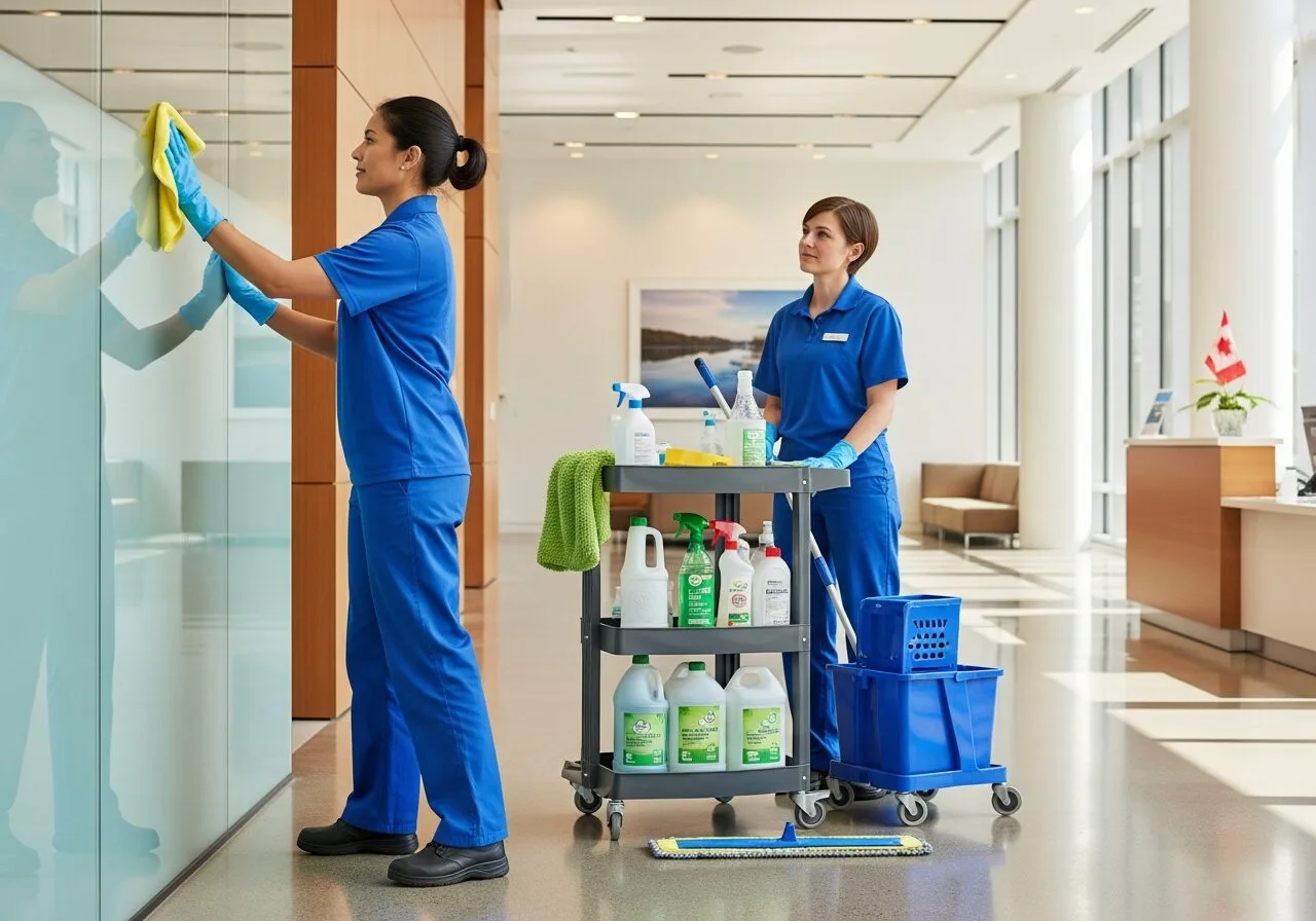 Professional cleaning team in uniform cleaning office space